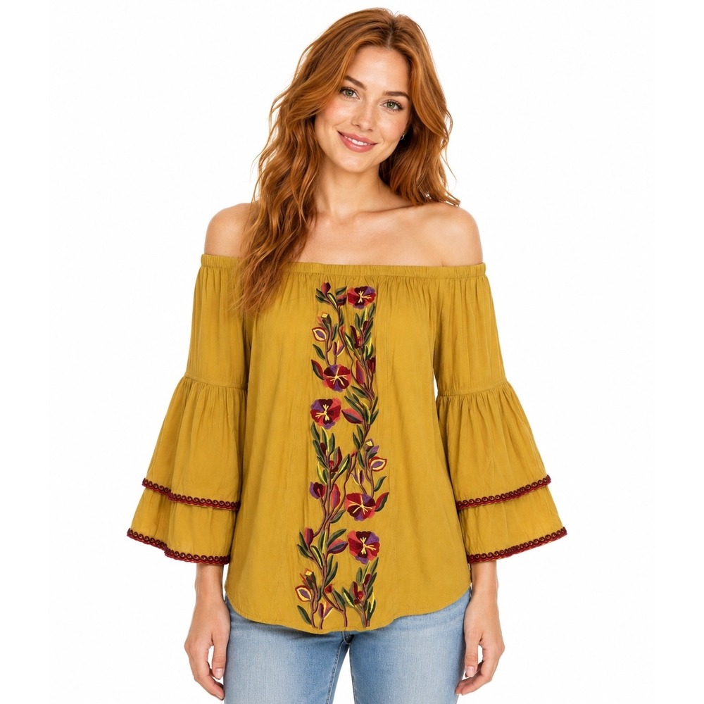 Solitaire‎ Mustard Yellow Embroidered Peasant Top Off Shoulder Bell Sleeve M